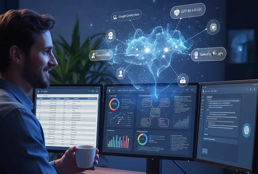 Consultant SEO analysant la richesse sémantique et les signaux de confiance d'un site web via une intelligence artificielle.